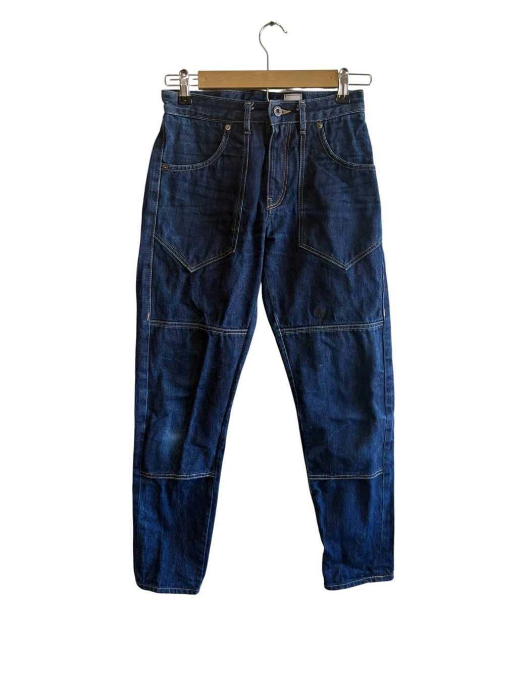 Gamine Dark Wash Selvedge Leg Jeans Double Knee Utility Workwear Rugged